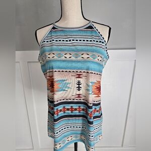 Sleeveless Aztec-Print Halter Top in Teal and Tan Sz M